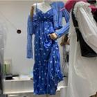Floral Spaghetti-strap Dress Blue - One Size