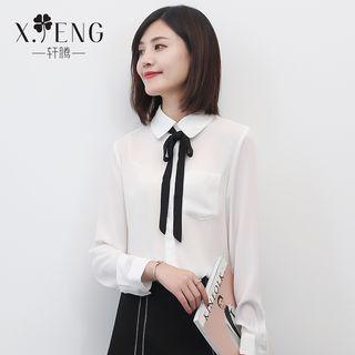 Peter Pan Collar Long-sleeved Collared Pocketed Straight Chiffon Plain Blouse