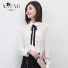 Peter Pan Collar Long-sleeved Collared Pocketed Straight Chiffon Plain Blouse