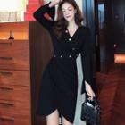 Long-sleeve Asymmetric A-line Dress Black - One Size