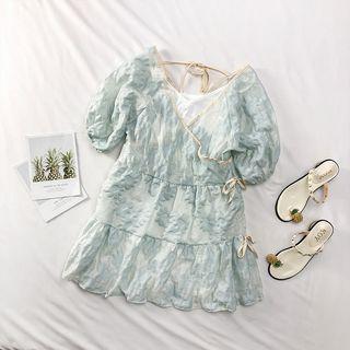 Open Tie-back Wrapped Mini Dress With Slipdress Light Blue - One Size