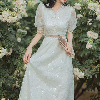 V-neck Plain Lace Button-up A-line Dress