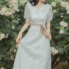 V-neck Plain Lace Button-up A-line Dress
