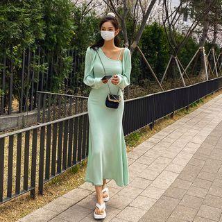 Set: Bolero + Asymmetric-neck Sleeveless Maxi Dress