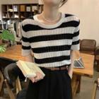 Short-sleeve Striped Pointelle Knit Top Black - One Size