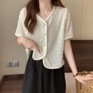 Short-sleeve V-neck Pearl Button Cardigan
