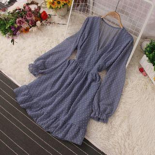 Bell-sleeve Dotted Chiffon Mini A-line Dress