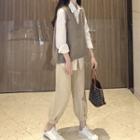 Set: Long Sleeve Plain Shirt + V-neck Vest + Tapered Pants