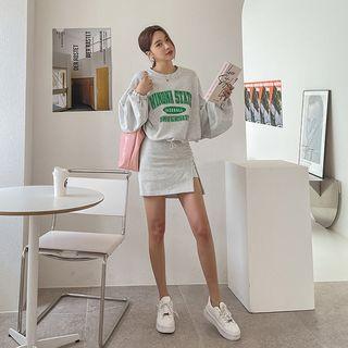 Set: Drawstring Letter Sweatshirt + Shirred Miniskirt