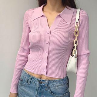 Long-sleeve Polo Collar Plain Ribbed Knit Crop Top