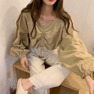 Drawstring Lantern-sleeve Blouse / High Waist Wide-leg Pants