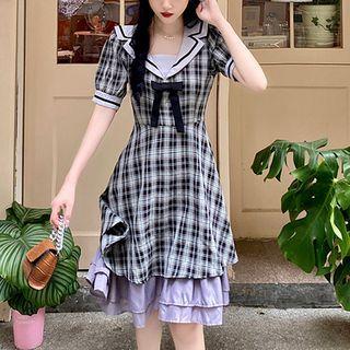Sailor Collar Plaid Mini A-line Dress