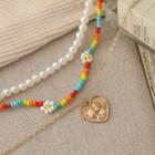 Set Of 3: Heart Pendant Alloy Necklace + Faux Pearl Necklace + Flower Bead Necklace Set Of 3 - 54651 - Gold - One Size