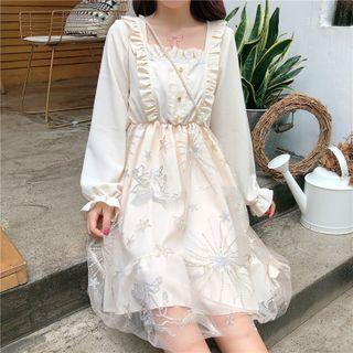 Long-sleeve Star Embroidered A-line Dress
