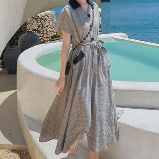 Short-sleeve Plaid Collared Midi A-line Dress
