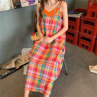 Rainbow Striped Spaghetti-strap Dress + Plain Set As Shown In Figure - One Size