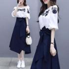 Set: Floral Embroidered Elbow-sleeve Blouse + Plain Midi A-line Skirt