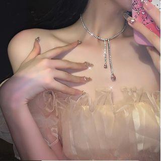 Rhinestone Alloy Choker Silver & Pink - One Size