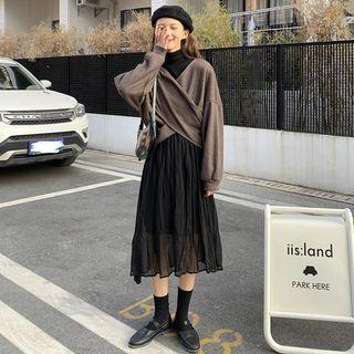 Crisscross Pullover / Turtleneck Long-sleeve A-line Midi Crinkle Dress