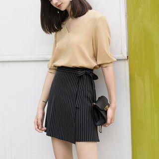 Tie-waist Flap Striped A-line Skirt