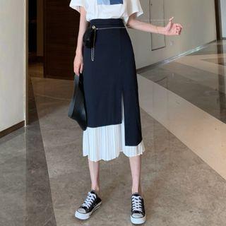 Two-tone Accordion Pleated Panel Midi A-line Skirt