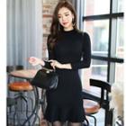 Long-sleeve Mock Neck Mermaid Knit Dress Black - One Size