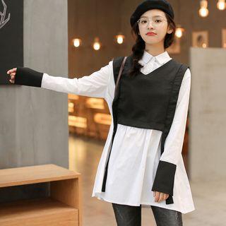Mock Two-piece Stand-collar Long Blouse