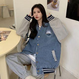 Striped Trim Denim Baseball Jacket