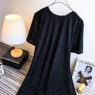 Short-sleeve Glitter Midi Dress Black - One Size