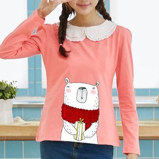 Eyelet Lace Collar Printed Long-sleeve T-shirt