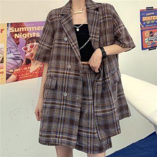 Set - Plaid Blazer + High-waist Wide-leg Shorts Coffee - One Size