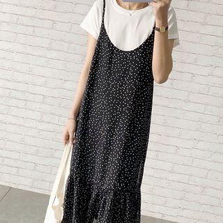 Set: Short-sleeve T-shirt + Polka Dot Spaghetti Strap Dress