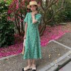 Short-sleeve Floral Print Dress Green - One Size