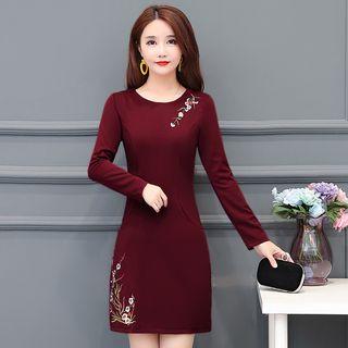 Long-sleeve Embroidered Floral Mini Sheath Dress