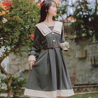 Long-sleeve Wide-collar Midi A-line Dress