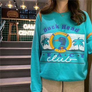 Print Long-sleeve Loose-fit Top / Check Corduroy Pants