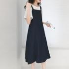 Set: Midi A-line Denim Jumper Dress + Bucket Hat Set - Dark Blue - One Size