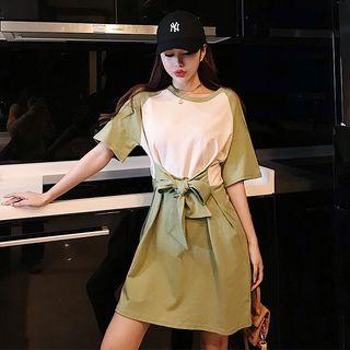 Elbow-sleeve Color Block A-line Mini T-shirt Dress