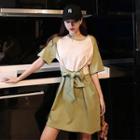 Elbow-sleeve Color Block A-line Mini T-shirt Dress