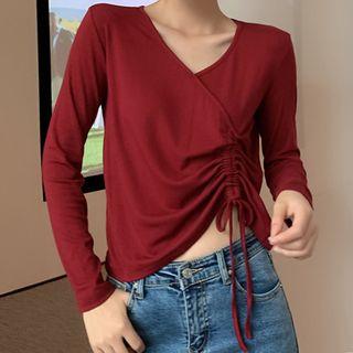 V-neck Long-sleeve Drawstring T-shirt