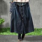 Buttoned Drawstring Midi Denim Skirt As Shown In Figure - One Size