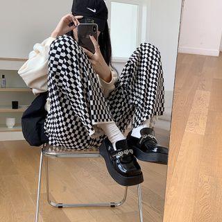 High-waist Plaid Straight-leg Pants Black & White - One Size