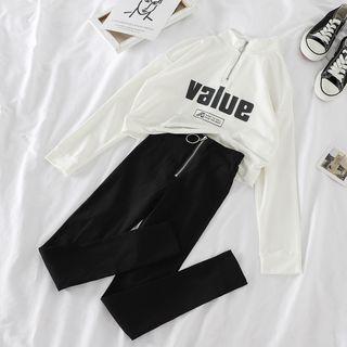 Long-sleeve Zipped Letter Printed Cropped Top / High-waist Zipped Pants
