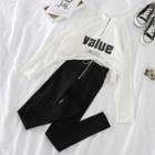 Long-sleeve Zipped Letter Printed Cropped Top / High-waist Zipped Pants