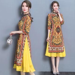 Mock Two Piece Patterned Elbow Sleeve Midi Dress
