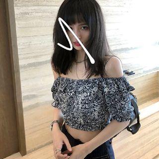 Elbow-sleeve Cold-shoulder Floral Blouse