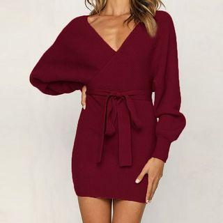 Plain Knit Long-sleeve Dress