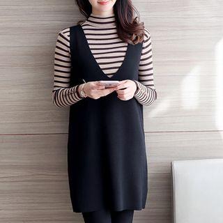 Set: Striped Long Sleeve Knit Top + Plain Knit Tank Dress