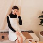 Set: Mock-neck Top + Sleeveless Faux-pearl Buttoned Dress