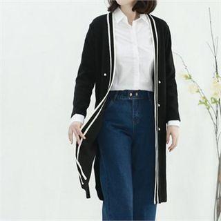 Faux-pearl Contrast-trim Long Cardigan